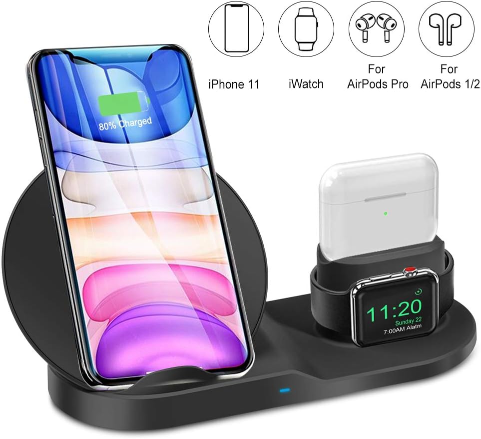 3 in 1 Wireless Charger for iPhone 11/11 pro /11 Pro Max/Xs/XS Max/XR/X / 8 /8P, Fast Wireless Charger for AirPod/AirPod 2/ AirPods Pro, Wireless Watch Charging Stand for iWatch 1/2/3/4 /5