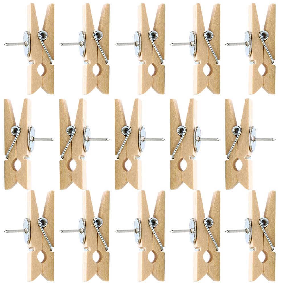 Kissral 50Pcs Push Pins with Wooden Clips, Wooden Pegs with Pushpins, Paper Clips with Pins Drawing Pins Thumbtacks 35x7mm for Cork Boards Notice Board Map Drawing Pictures Hanging Natural