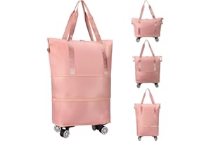 Funarty Rolling Duffle Bag with Wheel, Expandable Foldable Travel Duffel Bag with Removable Wheels, Tote Luggage Bag with Folding Storage Space for Women Travel Shopping