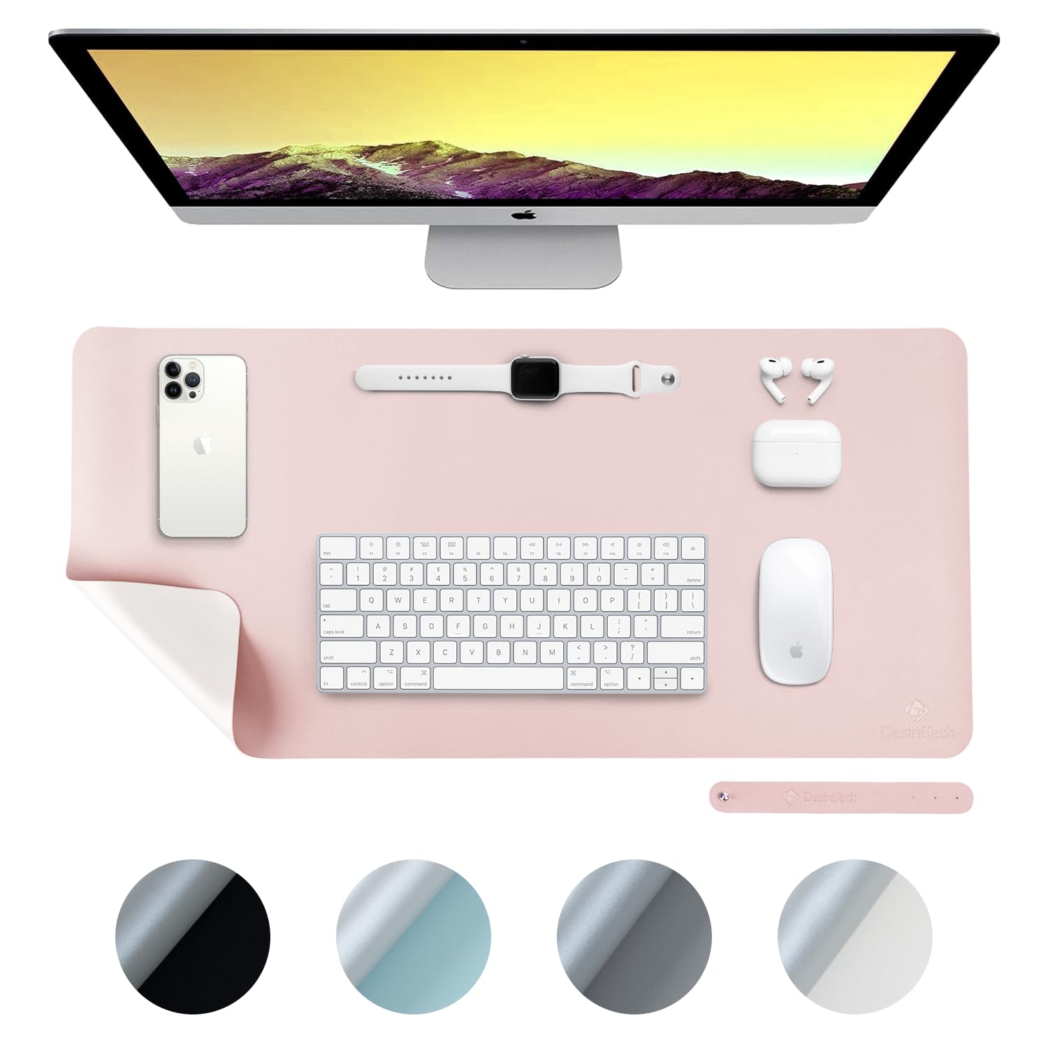 DesireTech Reversible Extra Large Office Desk Mat, Pink & Silver, 80x40 cm | XL Dual-Sided Waterproof Faux Leather Table Surface Protector, Desk Accessories, Laptop Mat & Mouse Pad