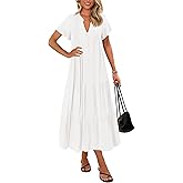 KIRUNDO Summer Maxi Dresses for Women 2026 Spring Fashion Short Sleeve Button V Neck Pleated Loose Tiered Swing Flowy Dress