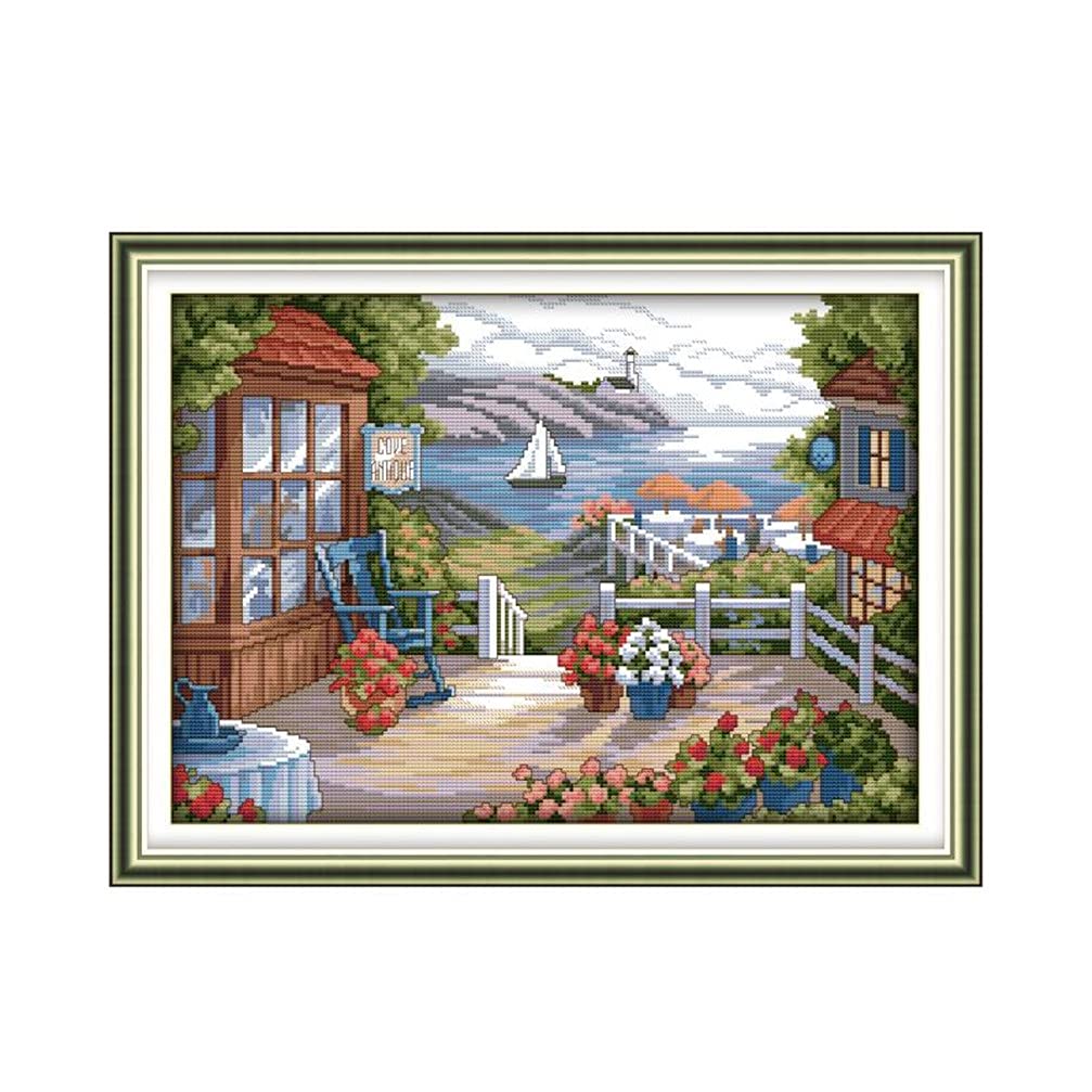 CaptainCrafts Cross Stitch Kits DIY Embroidery Kits Needlework Crafts (Preprinted 11CT, Terrace with Blooming Flowers)