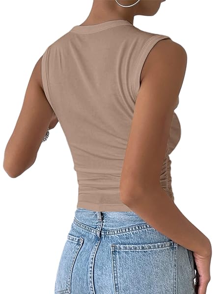 SOFIA’S CHOICE WOMEN’S SEXY SLEEVELESS MOCK NECK CROP TANK TOP SIDE RUCHED SLIM FIT SHIRT KHAKI MEDIUM