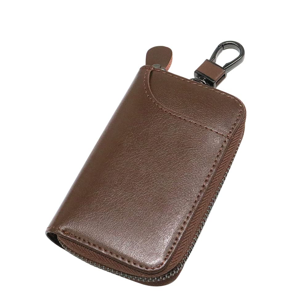 TECHNOPLAY Unisex Mens Womens Premium Leather Car Key Holder Bag Keychain Case Wallet with Buckle and 6 Hooks and 1 CAR key buckle Zipper Closure Credit Card Holder (BROWN)