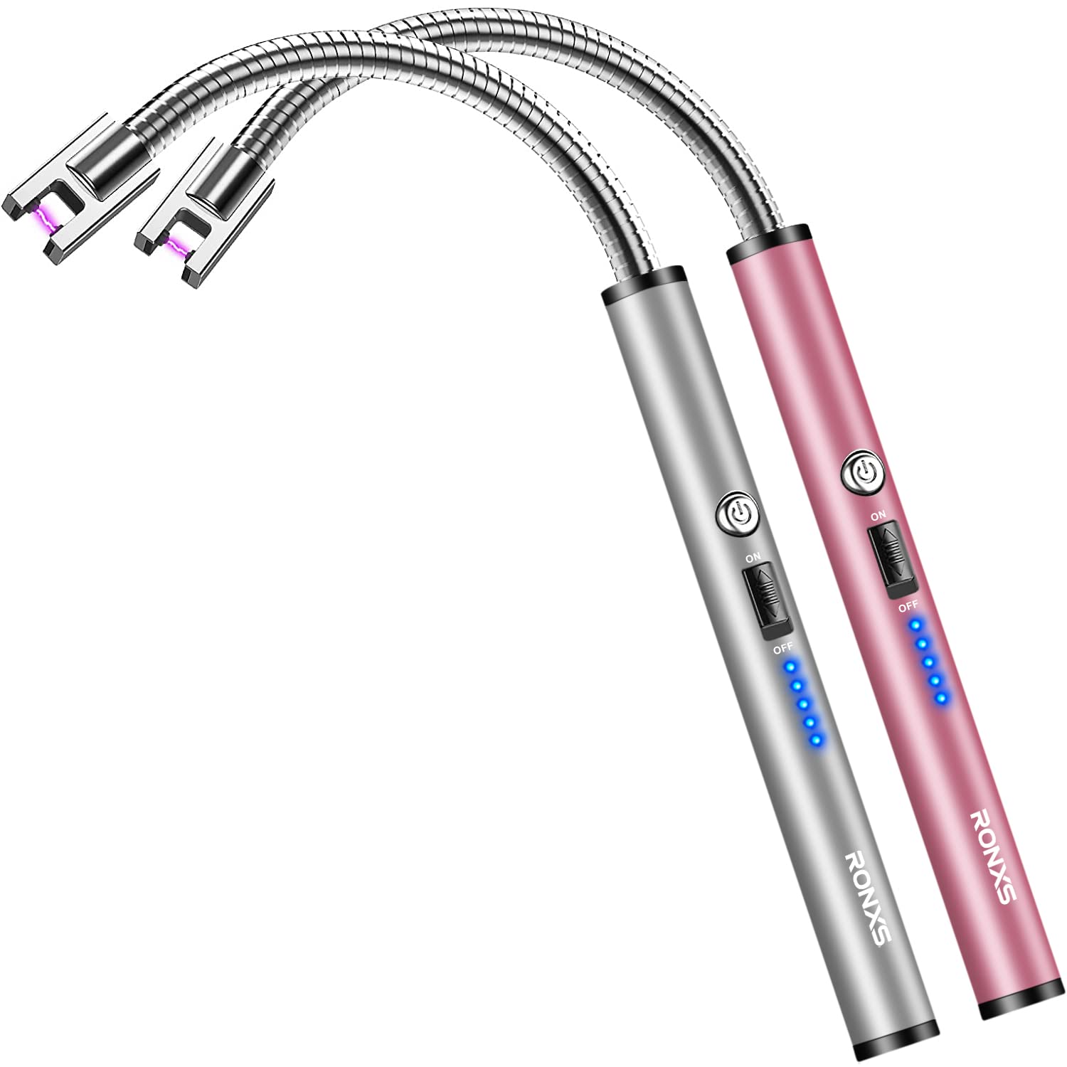 Photo 1 of RONXS Lighter Electric Lighter Rechargeable Arc USB Candle Lighters with LED Battery Display, Flexible Neck Windproof Flameless Plasma Long Lighters for Candle BBQ Camping (Silver&Pink)