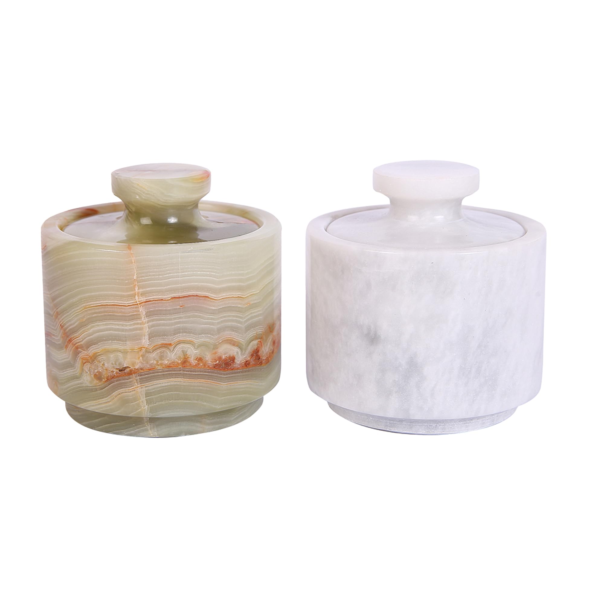 Marble Hives Marble Salt Cellar with Lid- Pack of 2 Marble Salt and Pepper Bowls- Salt Holder with Lid to Put Salt, Paprika, Pepper, and Spice (Onyx Green & White, Style 01)