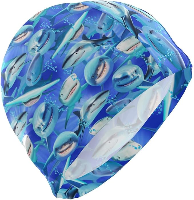 KIMIOE Swim Cap Blue Sea Shark Attack Lycra 3D Ergonomic Design Swim