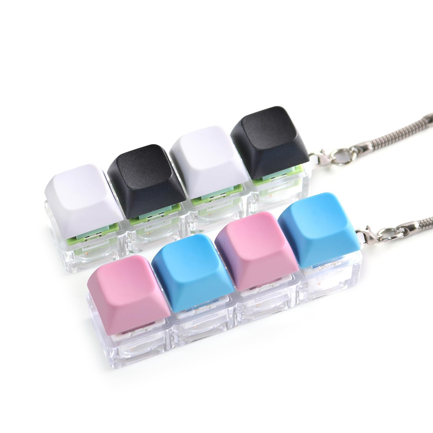 2PCS Keyboard Fidget Toy, Four-Button Clicker Keychain Stress Relief Finger Toys for ADHD Anxiety, Mechanical Switch Fidget Keyboard for Adults and Teens, (Black White Silent, Blue Pink Regular)