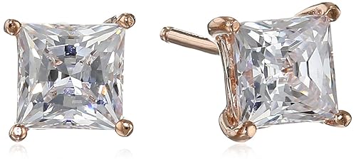 Amazon Essentials Rose 18K Gold Plated Sterling Silver Stud Earrings set with Princess Brilliant Cut Infinite Elements Cubic Zirconia (1 cttw), (previously Amazon Collection)