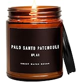 Sweet Water Decor Palo Santo Patchouli Candle - Vanilla, Musk, Sandalwood, Patchouli Scented Soy Spa Candles for Home - Gifts for Women, Men - 9oz Amber Jar, 40 Hour Burn Time