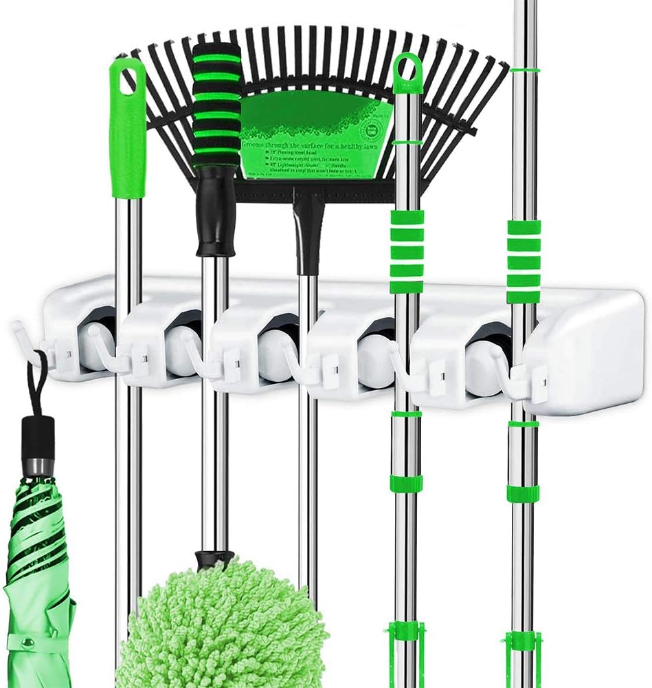 Slowton Colgador de escoba, colgador organizador de escoba con 5 Ganchos, portador de trapeador Slowton Colgador de escoba, colgador organizador de escoba con 5 Ganchos, portador de trapeador
