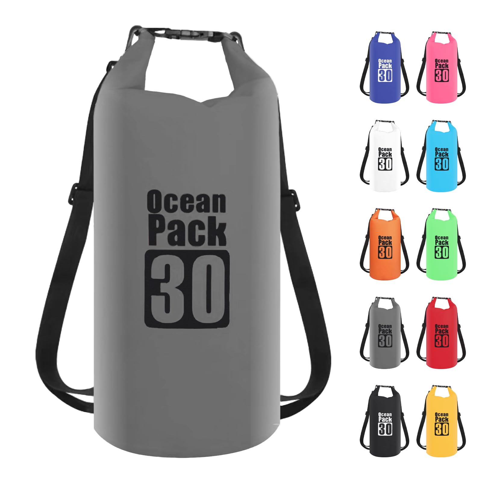 Dry Bag 30L, Boat Dry Bags Grey Waterproof Bag Dry Sack Roll Top Long Adjustable Shoulder Strap 2L/5L/10L/20L/30L/40L for Drifting Boating Kayaking Fishing Rafting Swimming Camping Canoeing Surfing