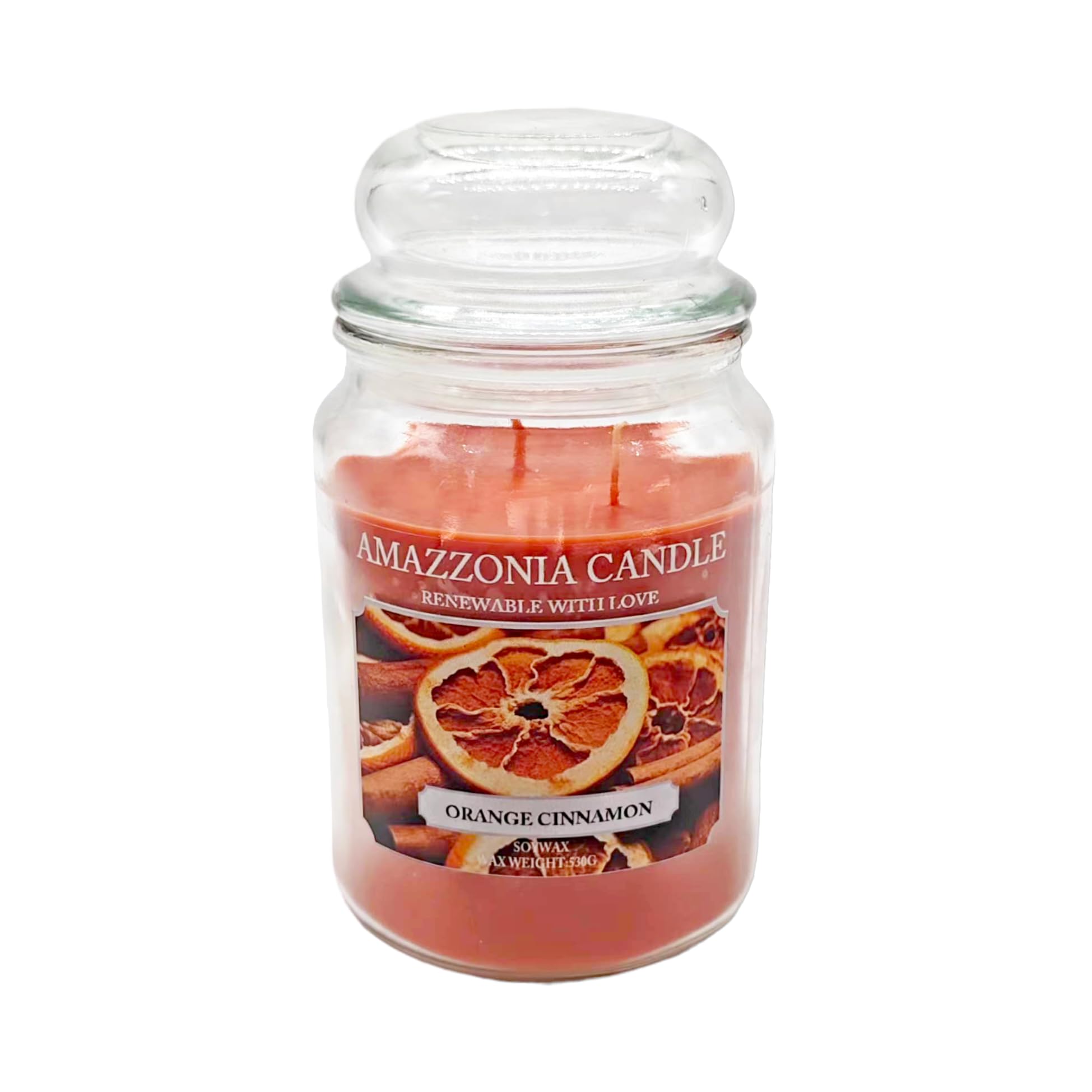 Amazzonia Candle Orange Cinnamon 530 Gr, Natural Scented Candle, Soy Wax Candle, Ambient Freshener, Decorative White Candle, Glass Jar