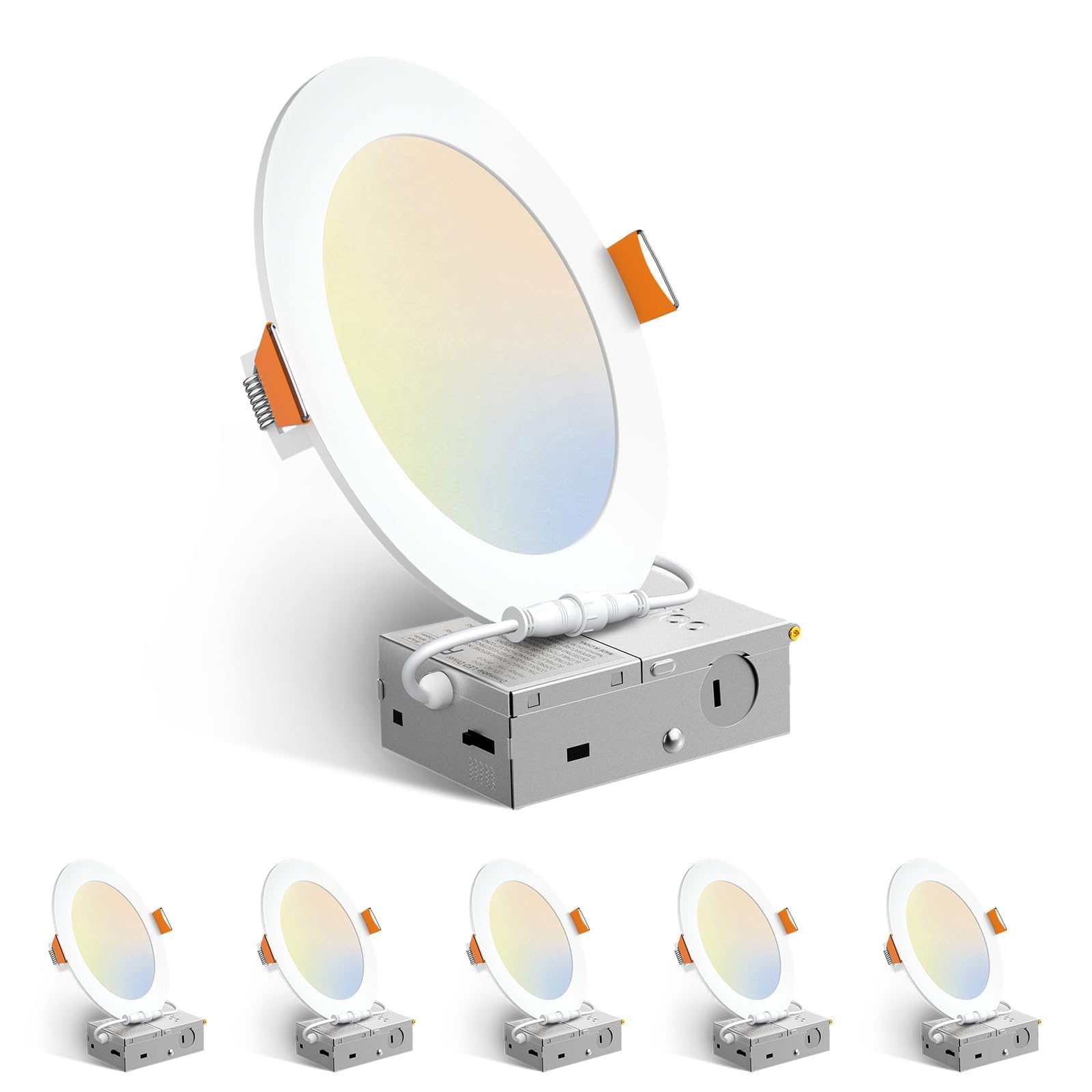 Photo 1 of Amico 6 Pack 6 Inch 5CCT Ultra-Thin LED Recessed Ceiling Light with Junction Box, 2700K/3000K/3500K/4000K/5000K Selectable, 12W Eqv 110W 1050LM Brightness Dimmable Canless Wafer Downlight, ETL & FCC