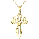DOVRAN 14K Solid Gold Fish Hook Cross Necklace Cross Pendant Religious Jewelry Gifts for Women Men
