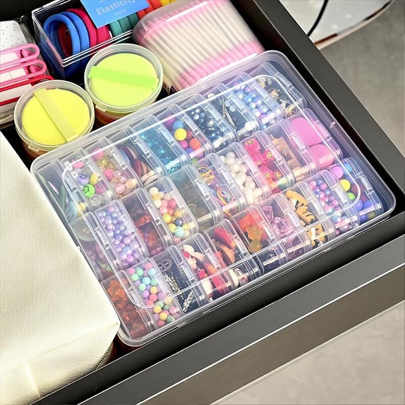 Caixa Organizadora Grande Transparente com 30 Caixinhas, Plástico, 22.5x16.5x5.6cm, para Miçangas e Bijuterias