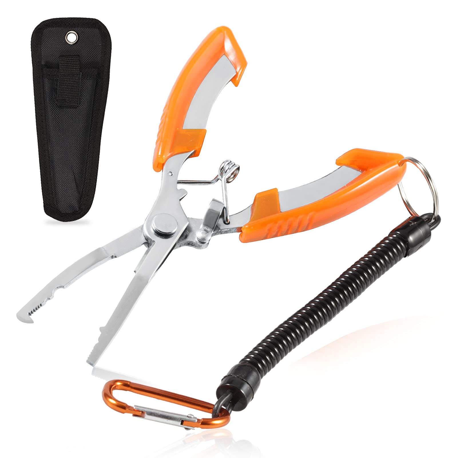 LEONTOOL Fishing Pliers Bent Nose Stainless Steel Hook Remover Fishing scissors Fishing Line Cutter Split Ring Pliers Wire Cutter Braid Cutter Multi-purpose Fishing Pliers with Sheath and Lanyard