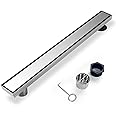 Elefloom Offset Linear Shower Drain, Shower Drain 24 inch with 2-in-1 Tile Insert Cover, Brushed AISI 304 Stainless Steel Side Outlet Shower Floor Drain with Hair Catcher and Adjustable Feet