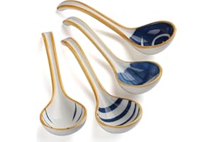 Soup Spoon Set of 4 Japanese and Korean Curved Handle Ceramic Ramen Soup Spoon for Pho Miso Salad Dessert Thai (Style 2)