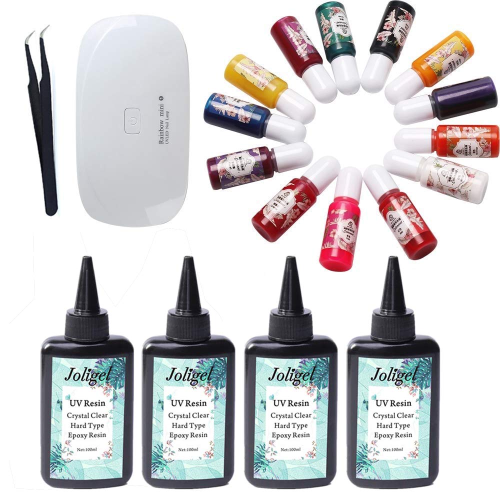 400ml UV Resin Crystal Clear with Solid Color Liquid Pigment Set + Foldable UV Lamp + Tweezers, Resin Kit for Crafting/Jewelry Making