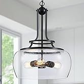 WUZUPS Chandelier Rustic Farmhouse Industrial Round Ceiling Pendant LED Light Fixture Clear Seeded Glass Shade for Dining Roo