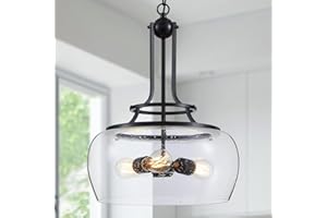 WUZUPS Chandelier Rustic Farmhouse Industrial Round Ceiling Pendant LED Light Fixture Clear Seeded Glass Shade for Dining Room Kitchen Island Foyer Entryway, H 20.9" x W 15.9", Black