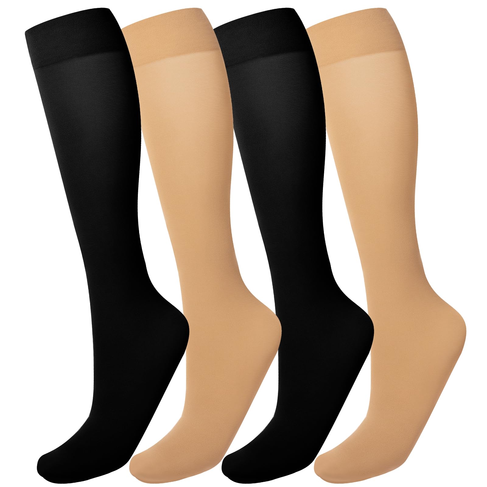 Photo 1 of MANZI Women's Knee High Socks 40 Denier Ladies Nylon Semi Opaque Trouser Socks 4 Pairs Knee Stockings (Black+Natural Nude)