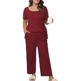 ZHUHOUSE Women’s Plus Size 2 Piece Pajamas Lounge Sets Summer Outfits Short Sleeve Tops Wide Leg Pants with Pockets