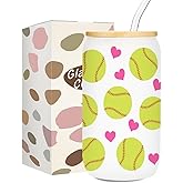 Softball Gifts, Iced Coffee Cup, Softball Party Favors, 16 oz Glass Cups with Lids Straws, Mothers Day Christmas Gifts for Women Mom Coach Players Teams, Softball Accessories for Girls, Softball Stuff