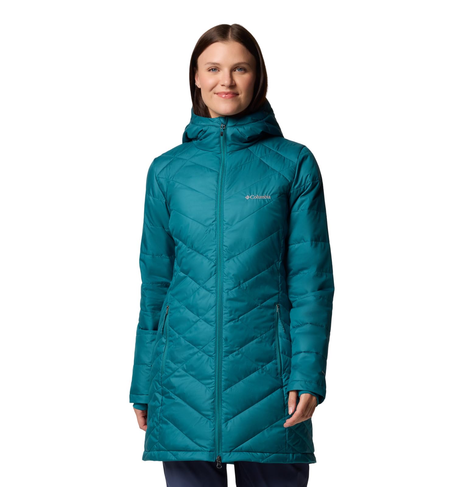 Columbia Womens Heavenly Long Hooded Puffer Jacket, River Blue, Medium Image Columbia Womens Heavenly Long Hooded Puffer Jacket, River Blue, Medium Image