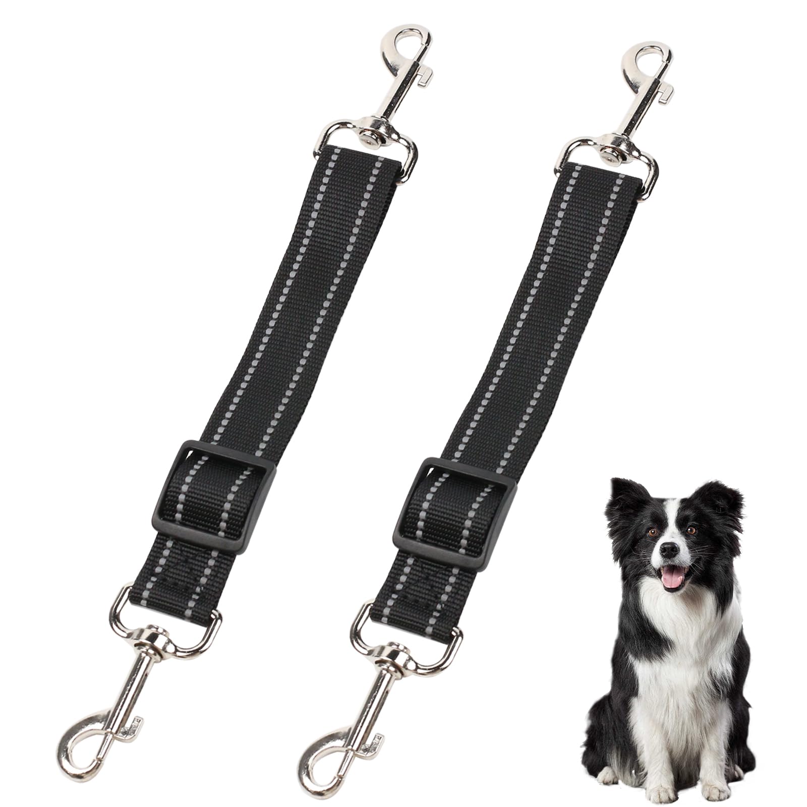 2pcs Dog Collar Clips, Reflective Nylon Dog Collar Leash, Adjustable Dog Collar Connector, Quick Release 360° Rotatable Harness Clip Double Ended Clip Strap for Dog Harness to Collar Safety Clip