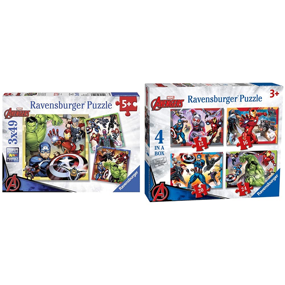 Ravensburger Marvel Avengers Assemble 3 x 49 Piece Jigsaw Puzzles for Kids Age 5 Years Up & Marvel Avengers 4 in Box (12, 16, 20, 24 Pieces) Jigsaw Puzzles for Kids Age 3 Years Up