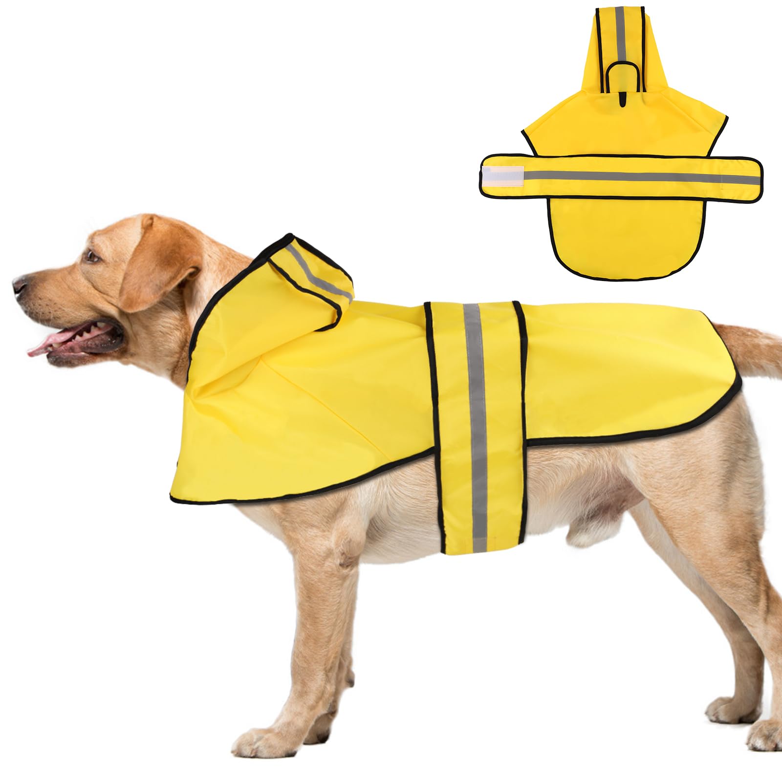 Dog Raincoat with Hood, Adjustable Dog Rain Jacket with Reflective Strip Yellow Waterproof Puppy Poncho for Small Medium Large Dogs (XL
