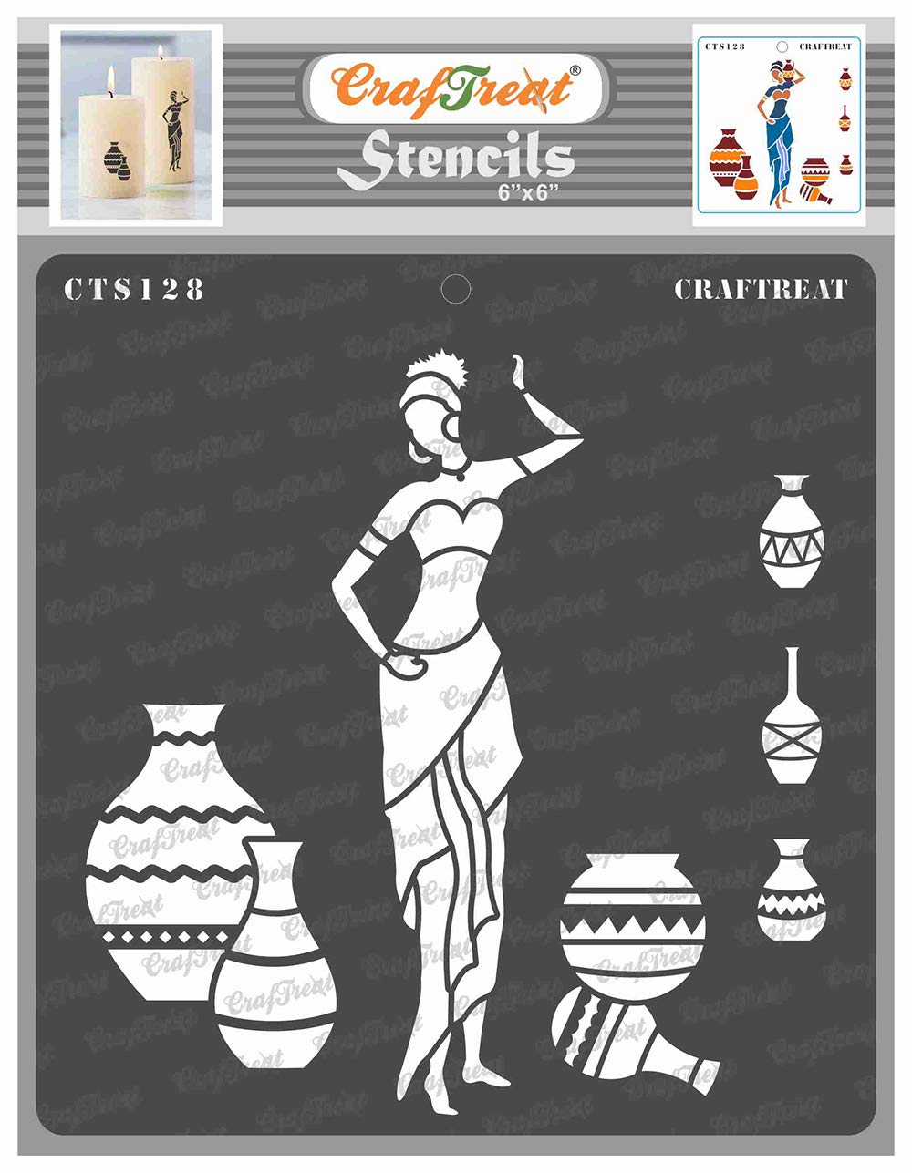 CrafTreat African Tribal Stencils for Crafts Reusable Vintage - Pose with Pot 1 - Size: 6X6 Inches - Tribal Pattern Stencil for Furniture Painting - African Stencils for Painting on Concrete