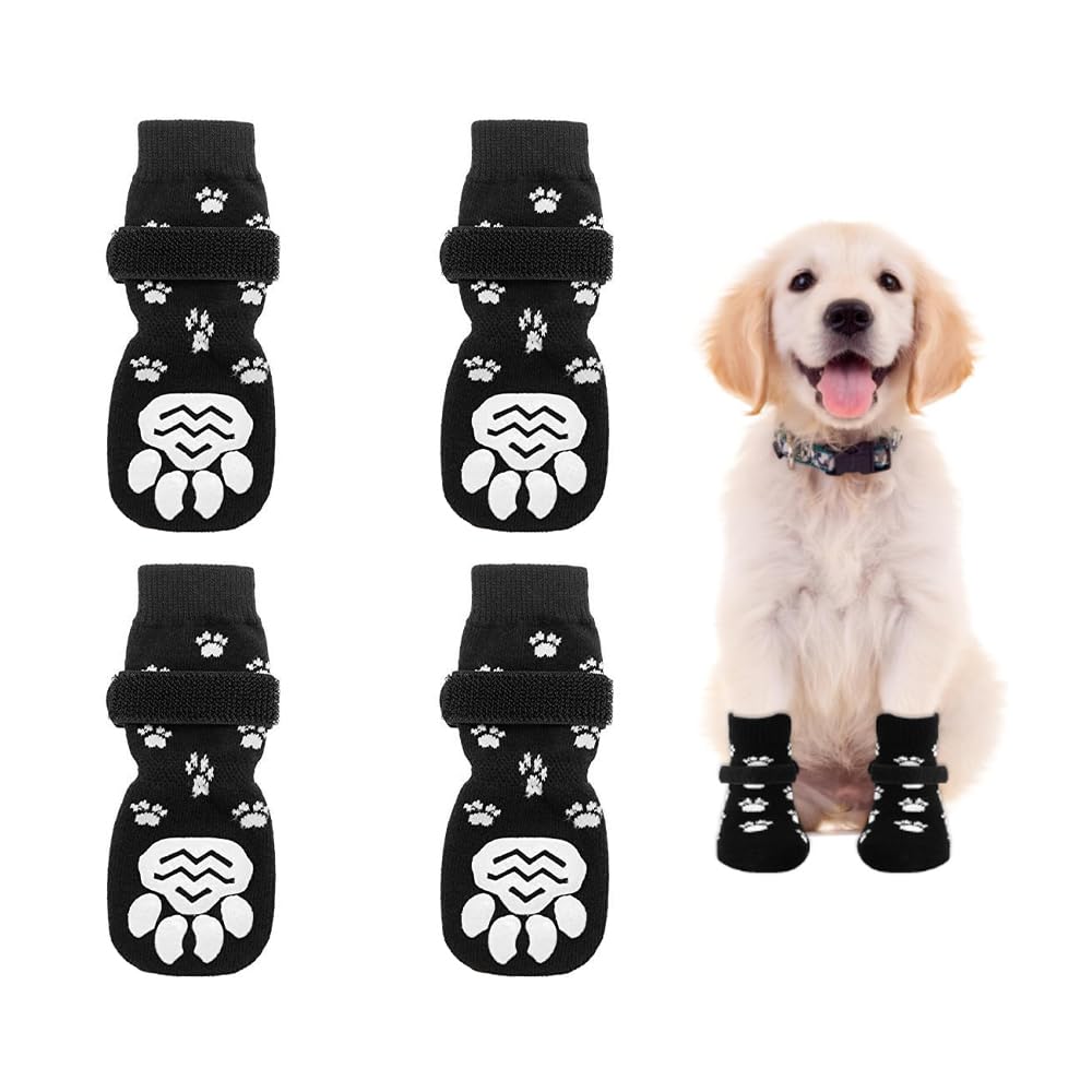 2 Pairs Anti-Slip Black Dog Socks - Waterproof Rubber Bottom & Adjustable Straps for Paw Protection, Dog & Cat Claw Socks to Prevent Licking, Ideal for Indoor & Outdoor Use on Hardwood Floors (Medium)