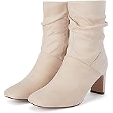 Coutgo Women's Slouch Mid Calf Boots Chunky Heel Square Toe Zip Up Fall Fashion Booties Shoes