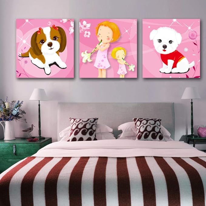 3 Panel Cuadro De Imagen Perro Lindo Niño Dormitorio Arte De La Pared