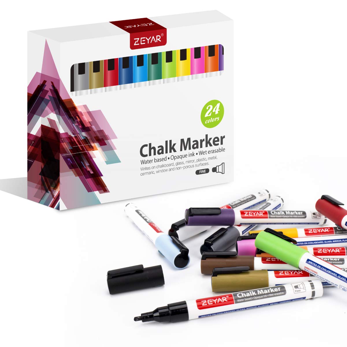 ZEYAR Liquid Chalk Marker-Wet Erase Marker, 24 Colors, 1.2mm Fine Tip for Detailed Drawing, Writes on Nonporous Chalkboards, Bistro Boards, Windows, Plastic and more (24 Colors)