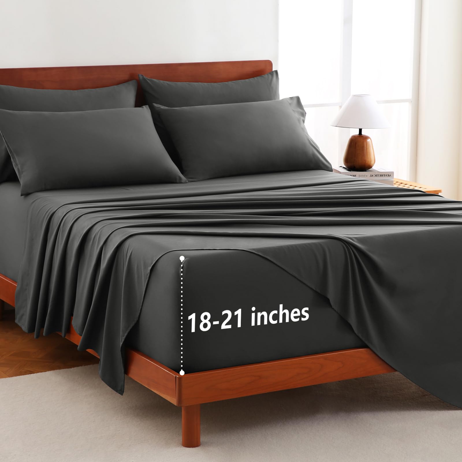 Photo 1 of CozyLux Extra Deep Pocket Queen Sheets - 6 Piece Sheet Set - Fits Up to 21 inches Thick Mattresses - Luxury Bedding Set - Breathable Bed Sheets & Pillowcase - Easy & Secure Fit - Dark Grey, Queen Size