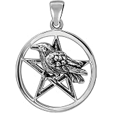 Moonlight Mysteries Raven Crow Pentacle Pendant - Sterling Silver Wiccan Pagan Pentagram Jewelry - 1 Inch Diameter
