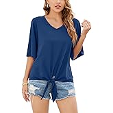SUEANI Women's Tie Front Tops Summer V Neck 3/4 Bell Sleeve Twist Knot Shirt