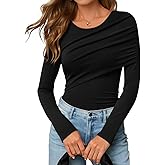 ZESICA Women's Fall Long Sleeve Tops 2026 Casual Crewneck Ruched Shirts Slim Fit Going Out Y2K Blouses