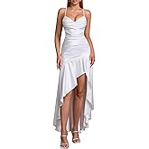 Auraxe Satin V Neck Cocktail Party Maxi Dress Bodycon Backless Ruffle Long Prom Formal Wedding Guest Dresses with Slit