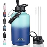 StarSpeed 64oz Insulated Water Bottle with Straws & 2 Lids, Half Gallon Stainless Steel Double Walled Vacuum Water Jug, Large Wide Mouth with Paracord Handle for Gym Camping Hiking, Green Blue