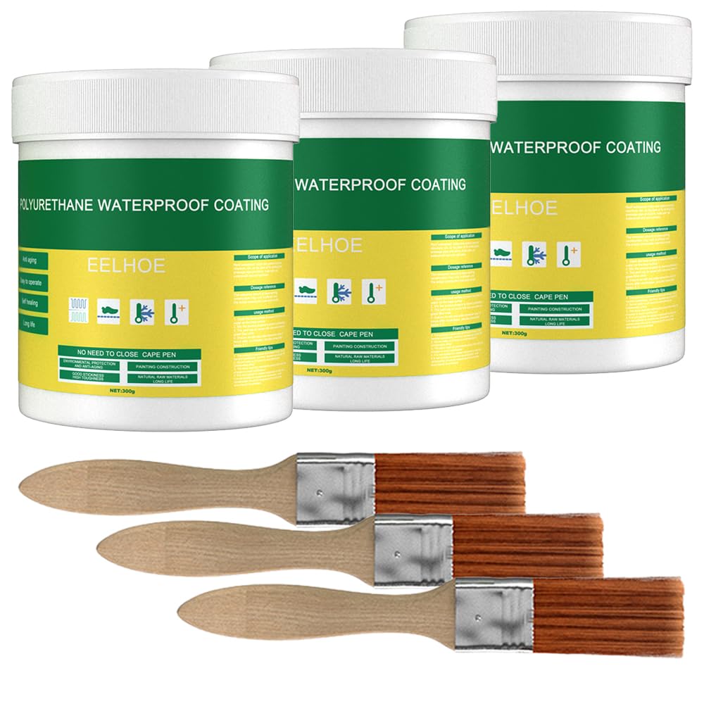 Mineup Polyurethane Waterproof Coating, 900g 3 Pcs Insulating Sealant with Brush, Transparent Anti-Leaking Clear Insulation Sealant for Home, Roof, Bathroom, Patio