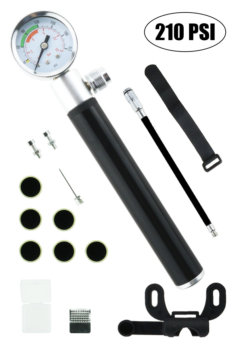 ACVCY Mini Bike Hand Pump, Aluminum Frame Portable and Lightweight Tire Pump Bonus with Bike Repair Kit Fit Presta & Schrader Valve High Pressure Cycle Pump & Glueless Emergency Puncture Kit