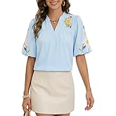 Women's Boho Floral Embroidered Blouse Casual V-Neck Puff Short Sleeve Loose Tunic Top for Summer Shirt Trendy 2026