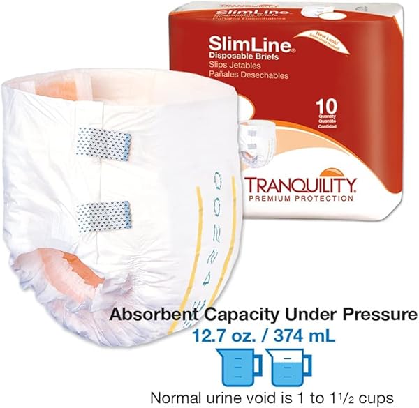 TRANQUILITY SLIMLINE ORIGINAL ADULT DISPOSABLE BRIEF, ADULT SMALL, INCONTINENCE CARE WITH A SLIMMER FIT, PEACH MAT CORE & KUFGUARD TECHNOLOGY FOR MAX COMFORT, LATEX-FREE, 12.7OZ CAPACITY, 100CT CASE