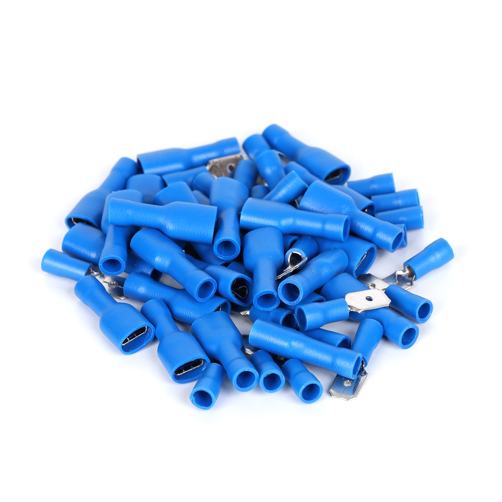 Ruimou 50Pcs Blue 15A+17A AWG16-14 Crimp Spade Copper Connector(M+F), Insulated Quick Disconnect Terminals for Wire,Car,Electrical (Blue)