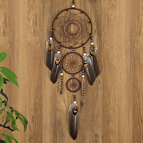 Ricdecor Dream catcher handmade traditional white feather dream catcher wall hanging car hanging decoration ornament (Brown 3Circles)